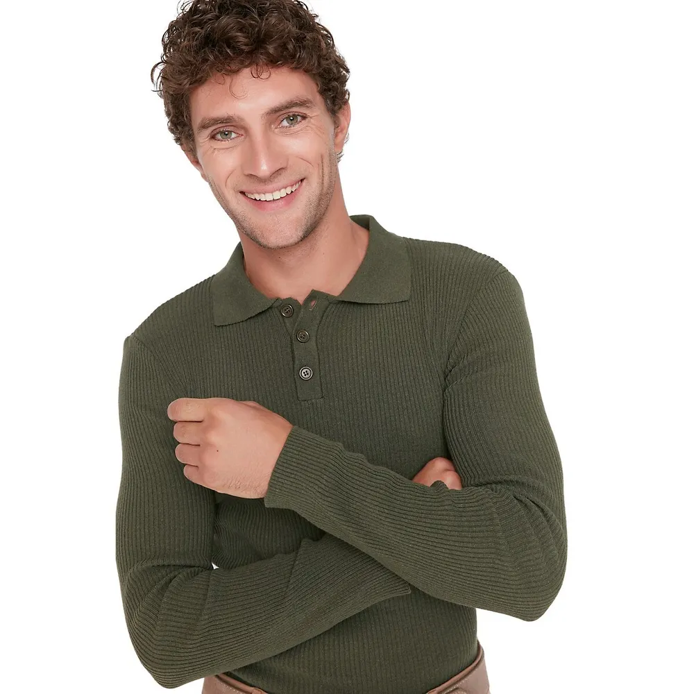 Male Basic Fitted Polo Neck Knitwear Sweater