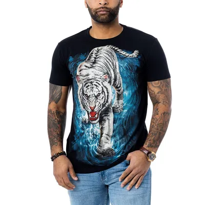 Men's Rhinestone Studded White Tiger Graphic T-shirt