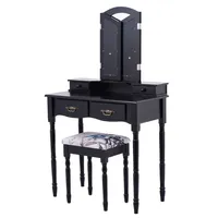 Vanity Makeup Dressing Table Stool Set W/ Folding Mirror 4 Drawers