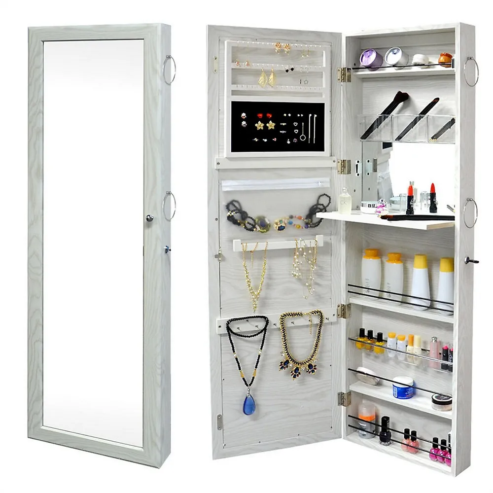 Jewelry Armoire Lockable Wall Mounted Jewelry Cosmetic Mirror Cabinet Chest Organizer, White