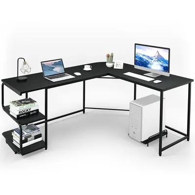 Reversible L-shaped Computer Desk Corner Study Table Workstation Home W/ Shelves