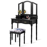 Vanity Makeup Dressing Table Stool Set W/ Folding Mirror 4 Drawers