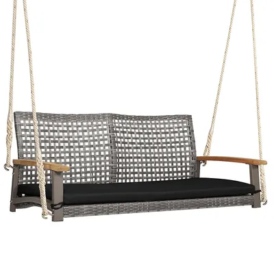 2-person Patio Wicker Hanging Swing Chair Loveseat Cushion Porch Redblackwhite