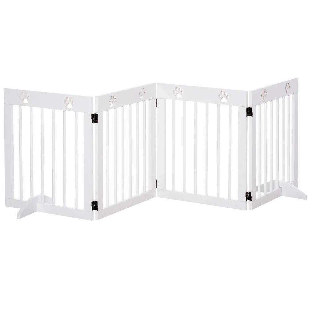 Freestanding Pet Gate 4 Panel Wooden Dog Barrier Folding Safety Fence