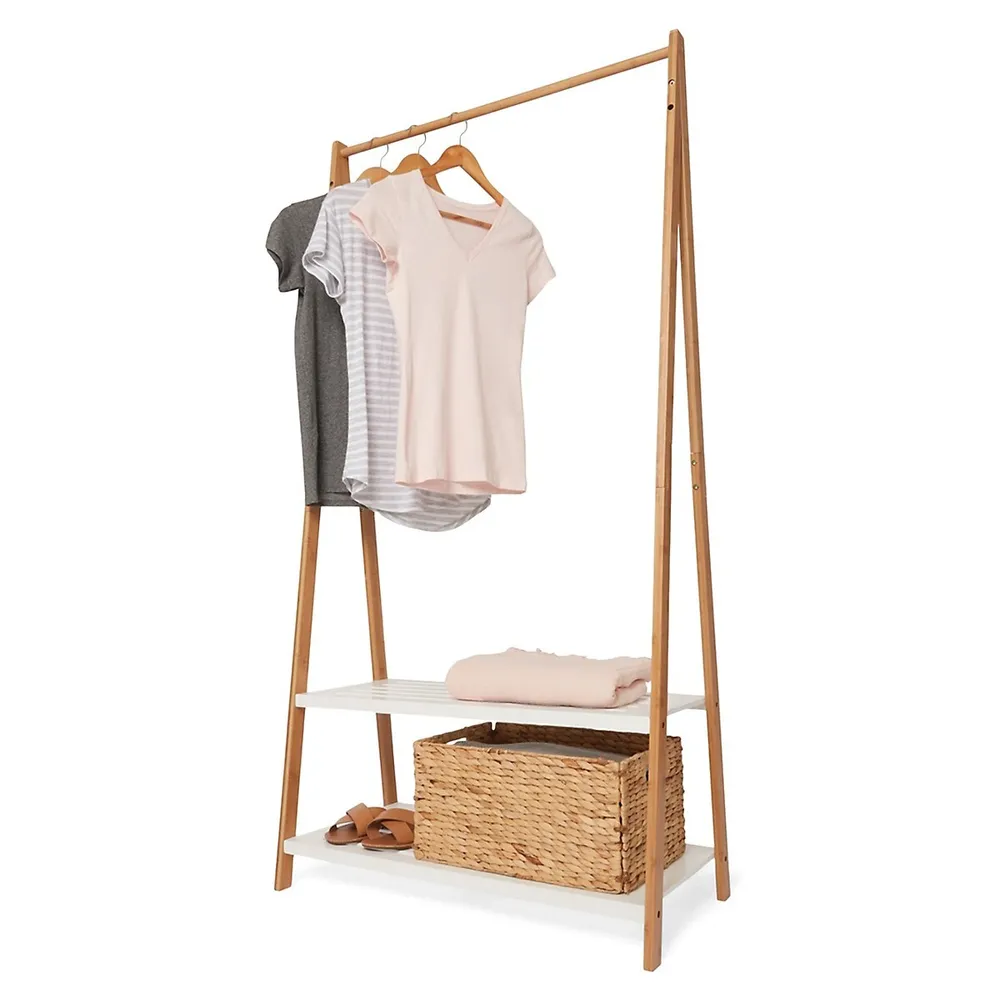 Bamboo Garment Rack With White Shelves