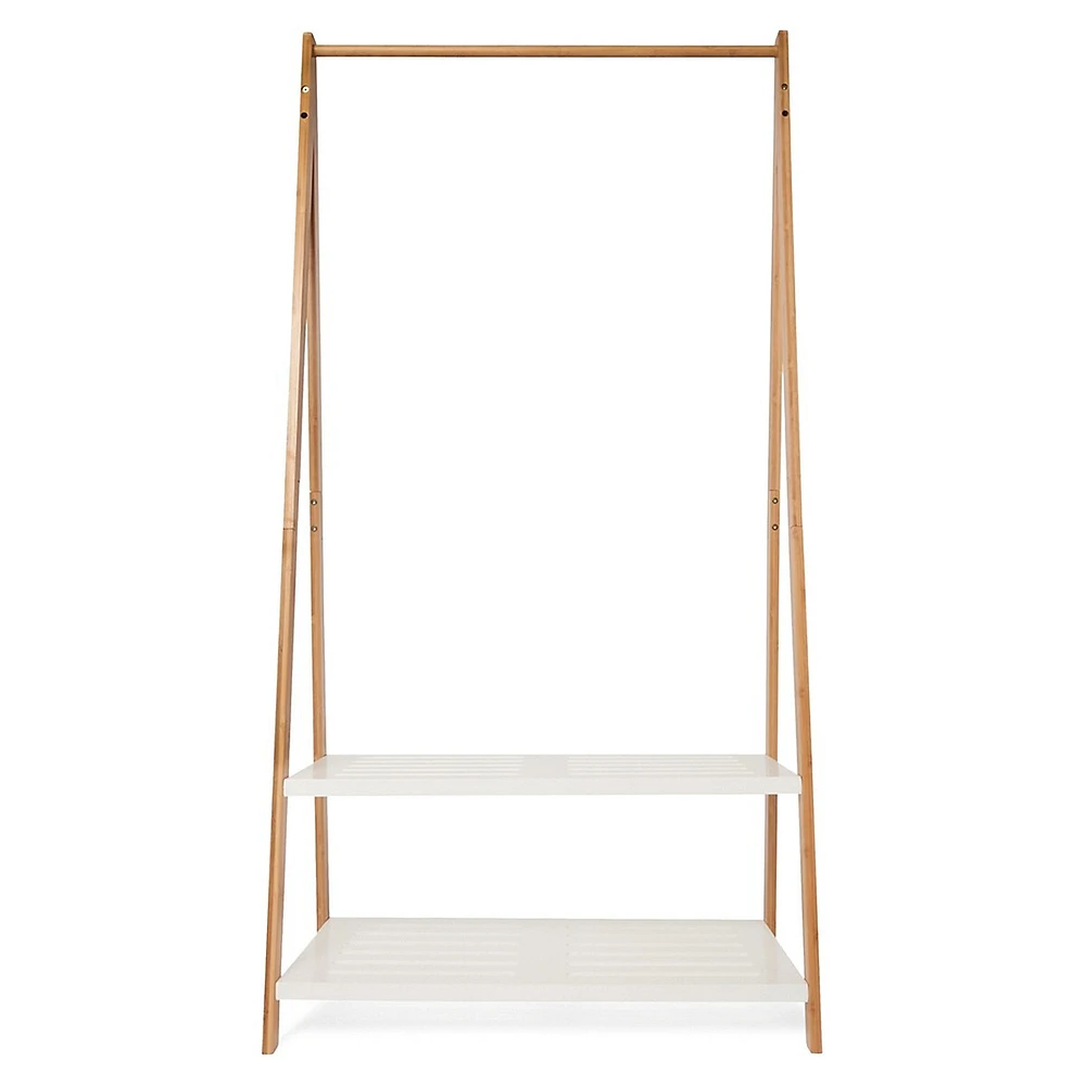 Bamboo Garment Rack With White Shelves