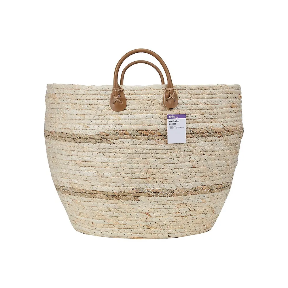 Tan Stripe Rope Basket With Handles