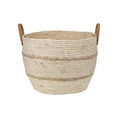 Tan Stripe Rope Basket With Handles