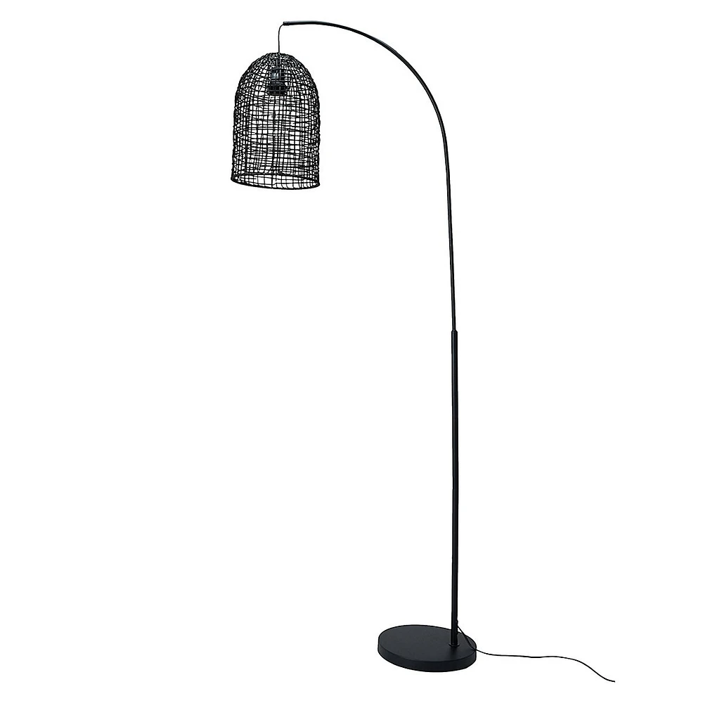 Black Rattan-Shade Floor Lamp