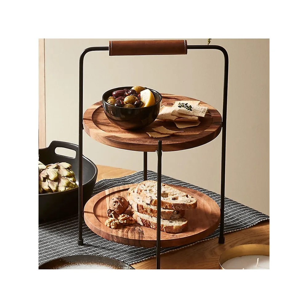 2-Tier Wood and Metal Serving Stand