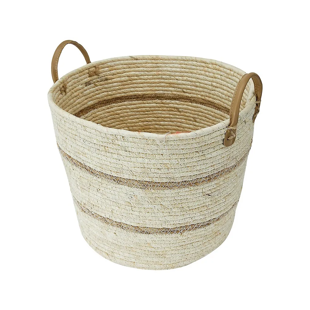 Striped Rattan Basket With Handles
