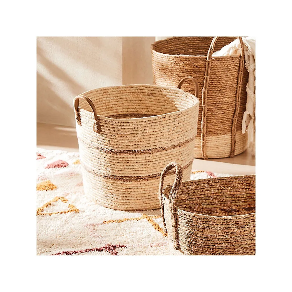 Striped Rattan Basket With Handles