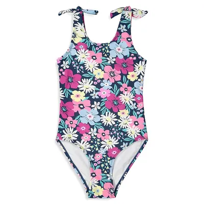 Girl's UPF 50+ Tie-Strap Floral One-Piece Swimsuit