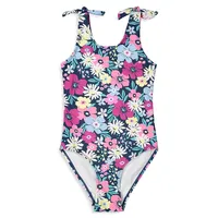 Girl's UPF 50+ Tie-Strap Floral One-Piece Swimsuit