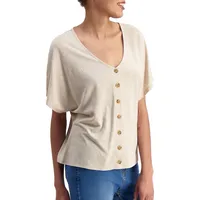 Short-Sleeve Button-Front V-Neck Top