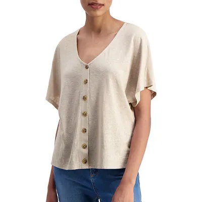 Short-Sleeve Button-Front V-Neck Top