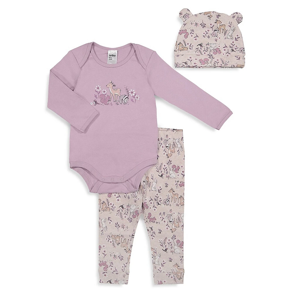 Baby Girl's 3-Piece Bodysuit, Leggings and Hat Set