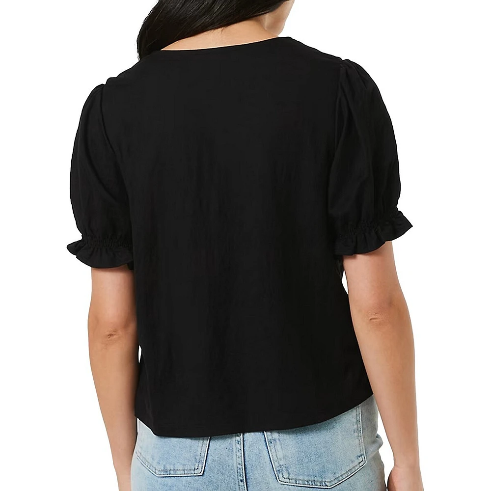 Short-Sleeve Button-Front V-Neck Top