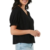 Short-Sleeve Button-Front V-Neck Top