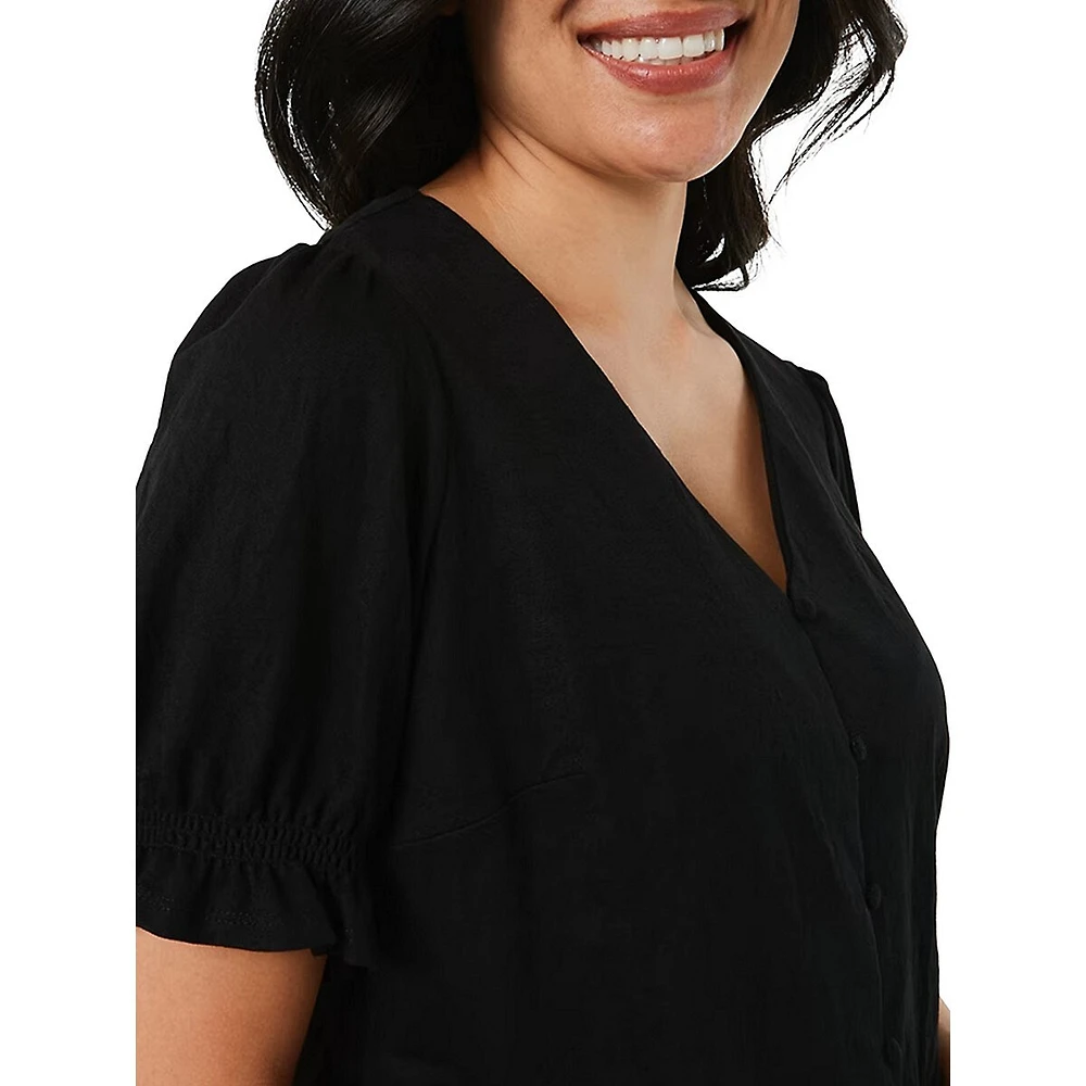 Short-Sleeve Button-Front V-Neck Top