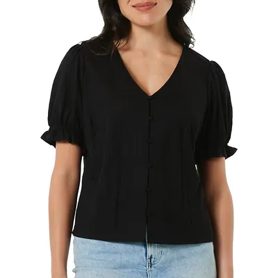 Short-Sleeve Button-Front V-Neck Top