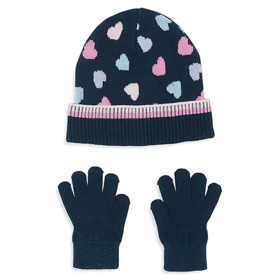 Kid's 2-Piece Heart-Print Toque & Knit Gloves Set