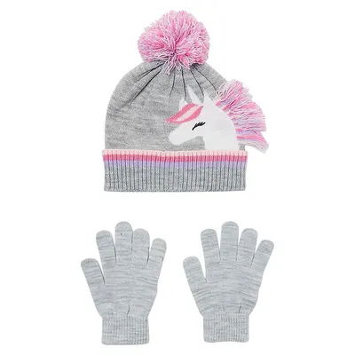Kid's Unicorn Knit Toque And Gloves Set