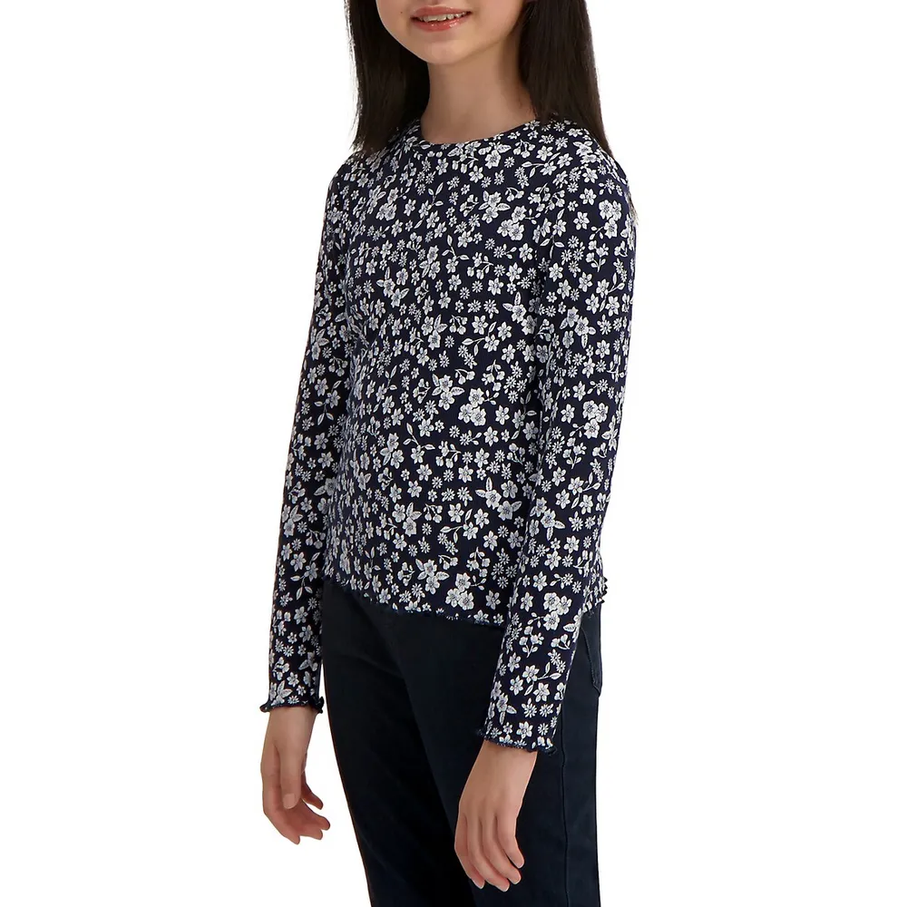 Girl's Ribbed Floral Long-Sleeve T-Shirt