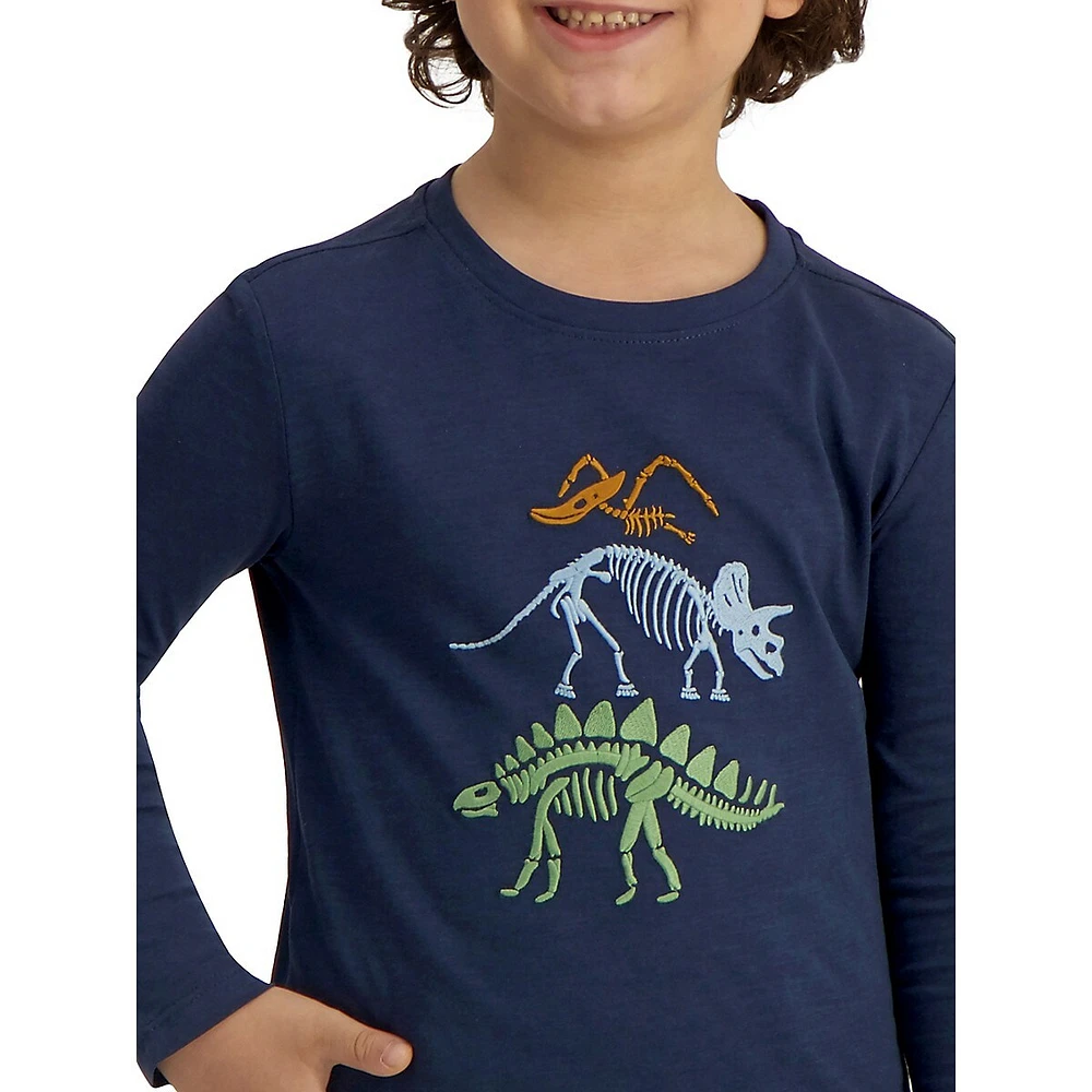 Little Kid's Dinosaur-Embroidery Long-Sleeve T-Shirt