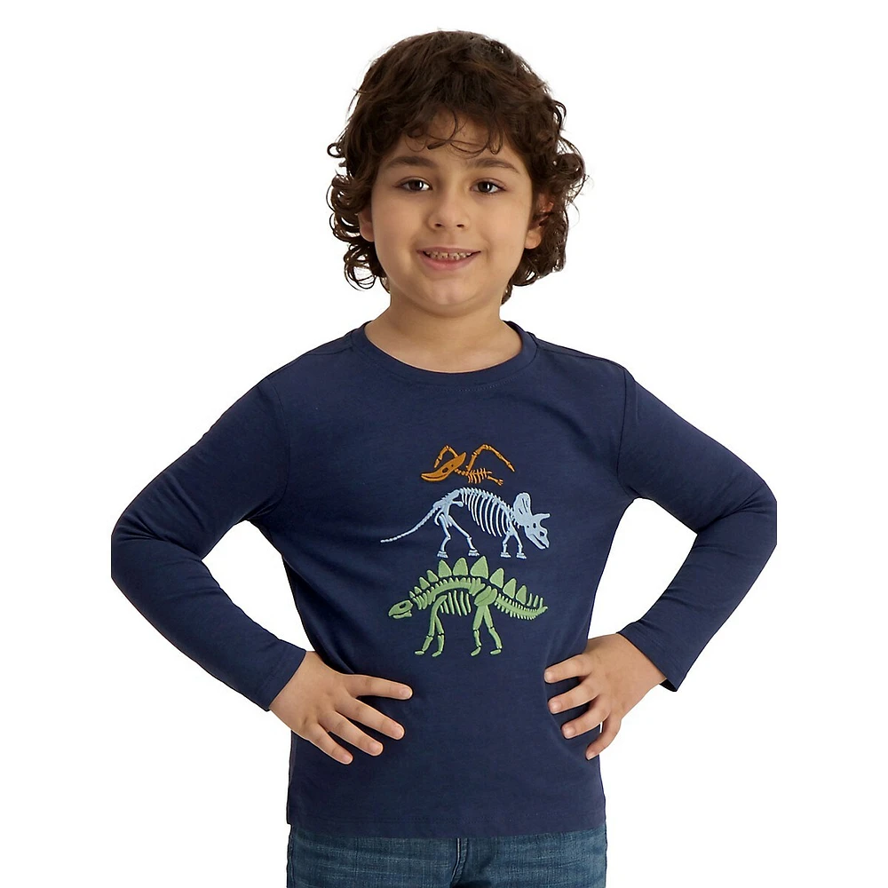 Little Kid's Dinosaur-Embroidery Long-Sleeve T-Shirt