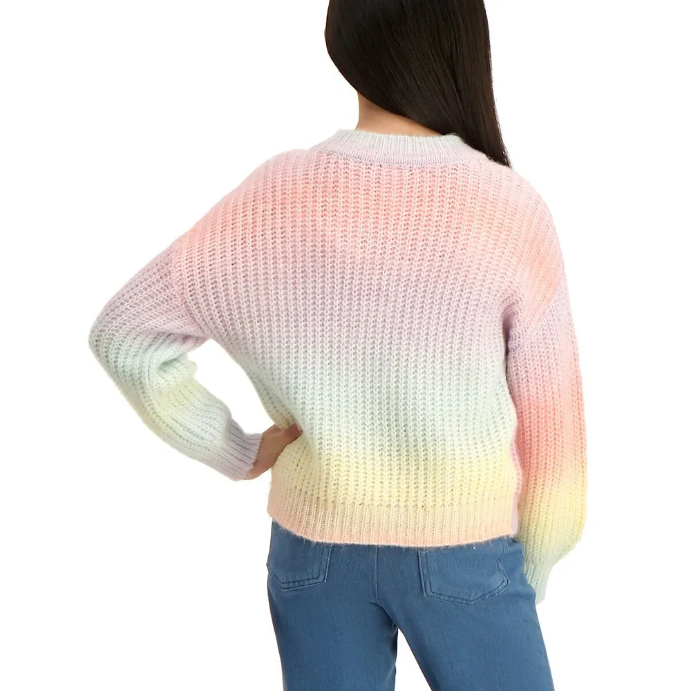Girl's Rainbow Waffle-Knit Sweater