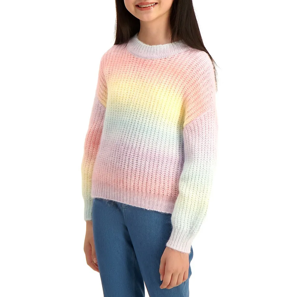Girl's Rainbow Waffle-Knit Sweater