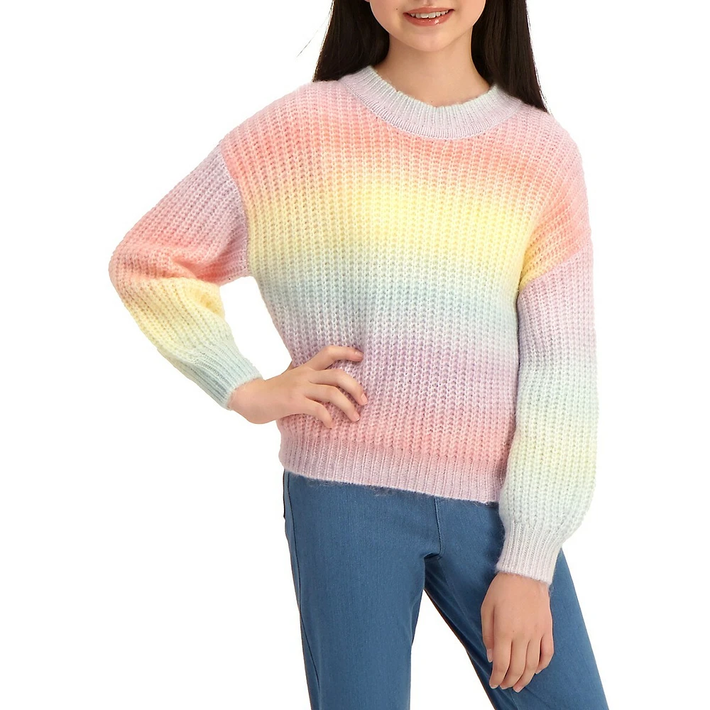 Girl's Rainbow Waffle-Knit Sweater