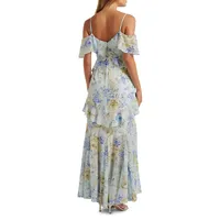 Emery Floral Cold-Shoulder Ruffled Midi Dress