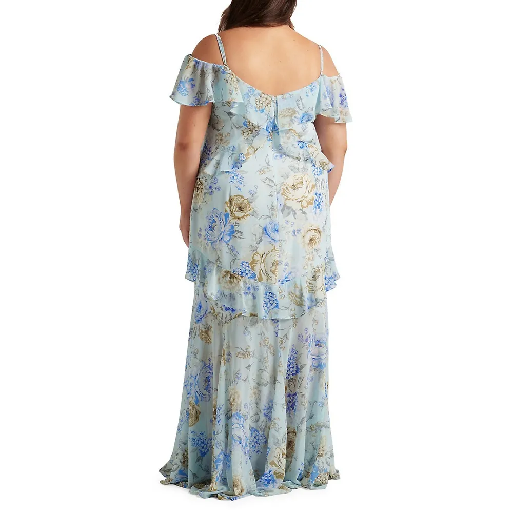 Robe midi fleurie à épaules dénudées et volants Emery Curve