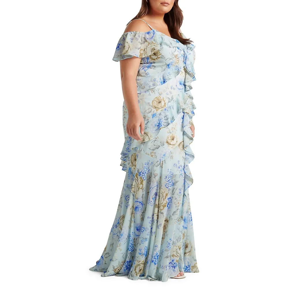 Robe midi fleurie à épaules dénudées et volants Emery Curve