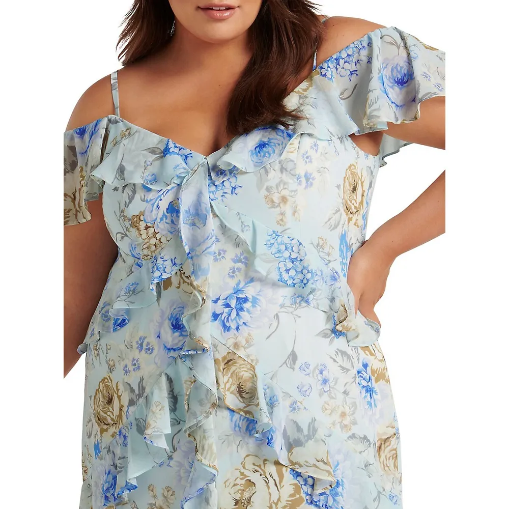 Robe midi fleurie à épaules dénudées et volants Emery Curve