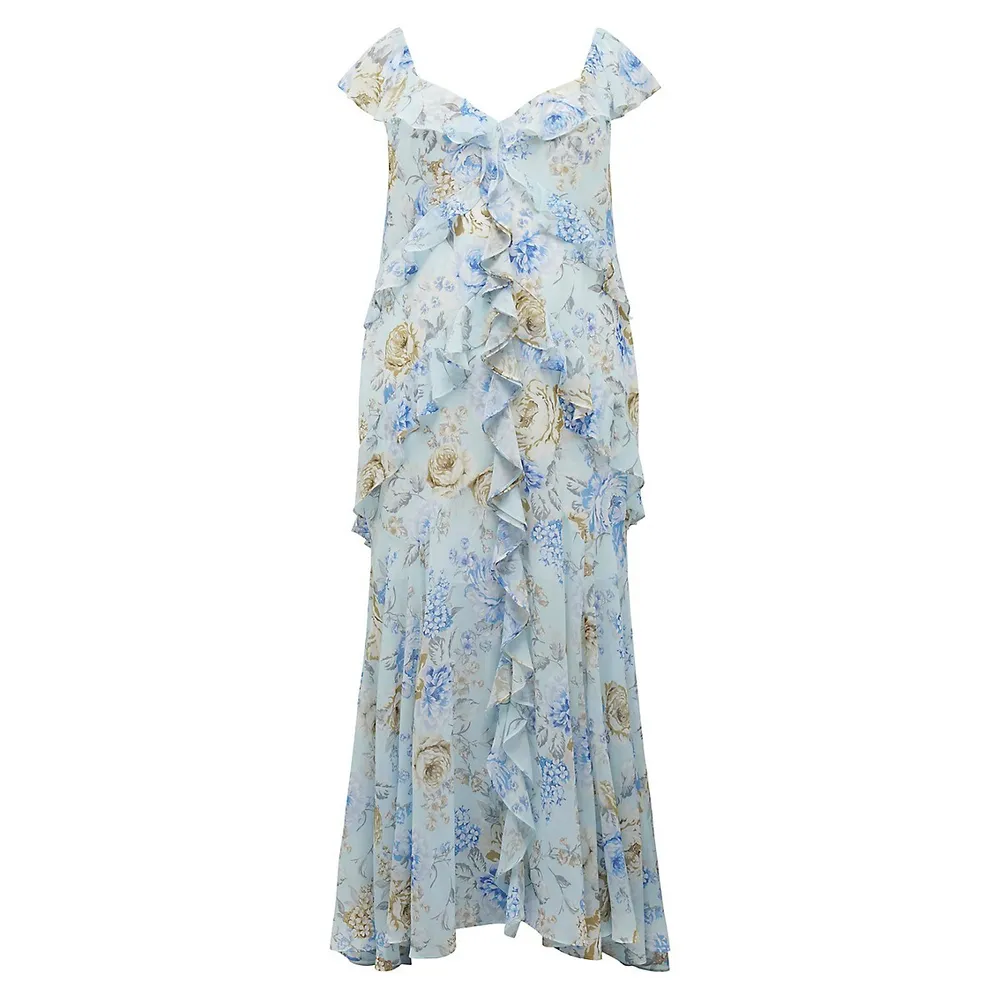 Robe midi fleurie à épaules dénudées et volants Emery Curve