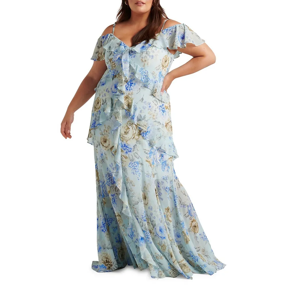 Plus Emery Curve Floral Cold-Shoulder Ruffled Midi Dress