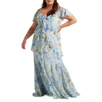 Plus Emery Curve Floral Cold-Shoulder Ruffled Midi Dress