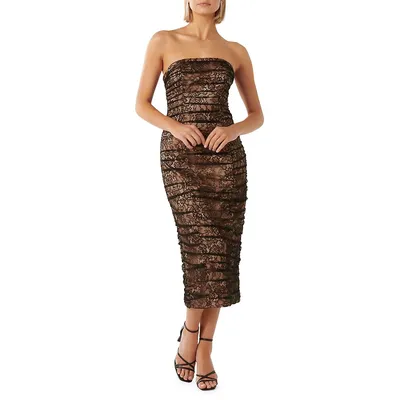 Kiralee Ruched Lace Bodycon Strapless Midi Dress