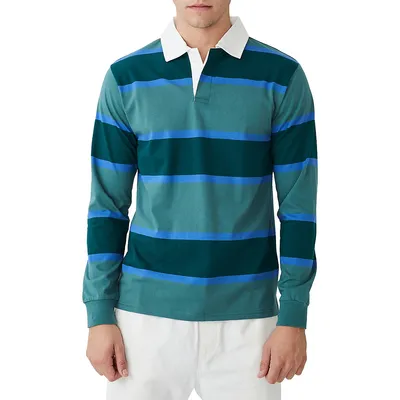 Striped Long-Sleeve Cotton Polo Shirt