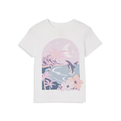 LIttle Girl's Dolphin-Print Tropical Graphic T-Shirt