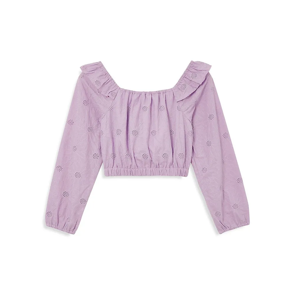 Girl's Claudia Flower-Embroidered Long-Sleeve Top