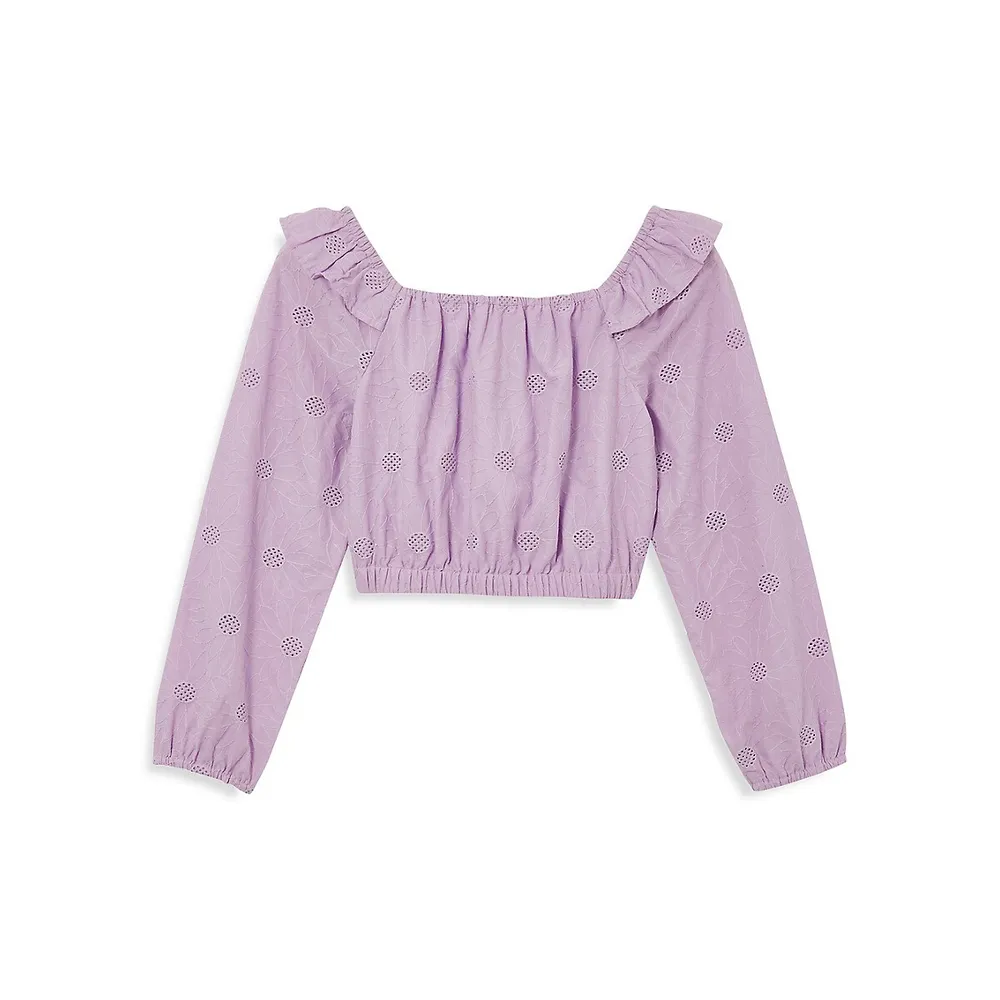 Girl's Claudia Flower-Embroidered Long-Sleeve Top