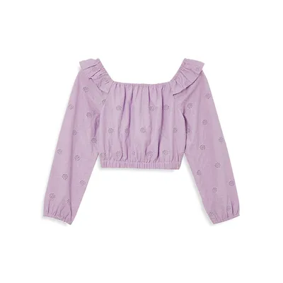 Girl's Claudia Flower-Embroidered Long-Sleeve Top