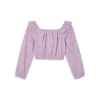 Girl's Claudia Flower-Embroidered Long-Sleeve Top