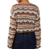 Tie-Front Chevron-Stripe Pointelle-Knit Cardigan