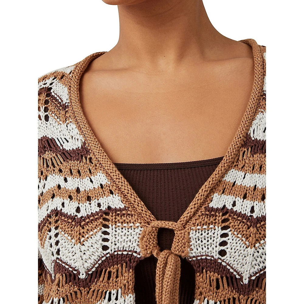 Tie-Front Chevron-Stripe Pointelle-Knit Cardigan