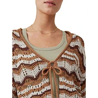 Tie-Front Chevron-Stripe Pointelle-Knit Cardigan